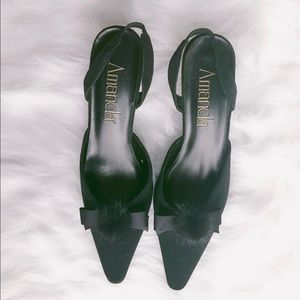Amanda Black Pom Pom Bow Kitten Heels